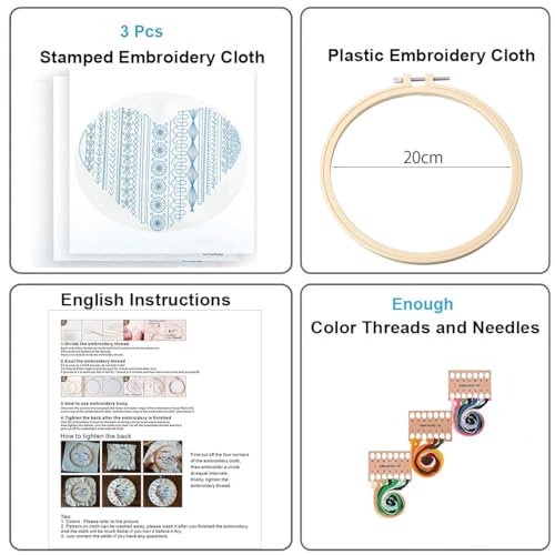 Konrisa Easy Embroidery Kit for Beginners Stamped Embroidery Starter Kit DIY Sewing Needlepoint Cross Stitch for Adults, Stitch Practice Kit 3 Embroidery Fabric Pattern - color: 3set lines
