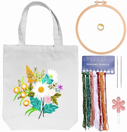 CREAWONDER Canvas Tote Bag Embroidery Kit with Pattern for Beginners, Arts and DIY Embroidery Crafts Kits for Adults, Include Instructions, Thimble, Embroidery Hoops, Color Threads and Tool - color: CR002 chenhuicaoxin beige