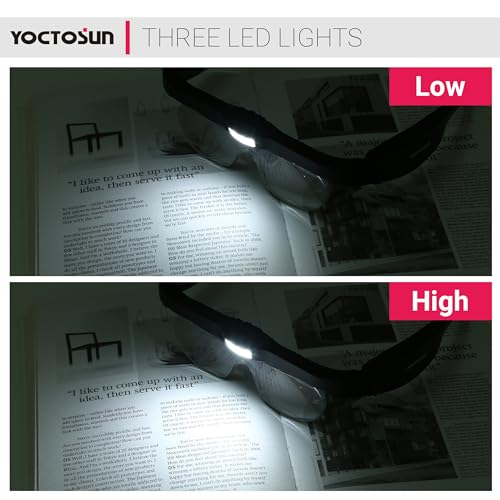 YOCTOSUN Magnifying Glasses with Light, Rechargeable Head Magnifier Glasses with 3 LED Lights and Detachable Lenses 1.5X, 2.5X, 3.5X, 5X, Magnifying Headset for Close Work Hobby Jewelry Crafts