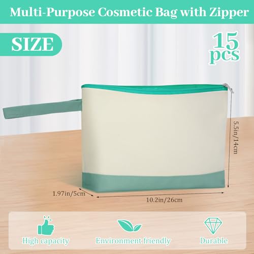 Silkfly 15 Pcs Cotton Canvas Makeup Bags Cosmetic Zipper Bags 10.2 x 5.5 x 2'' Blank DIY Pouch Bulk Pencil Case with Bottom Travel Toiletry Pouch for Women Craft Decor Gift (Beige and Green) - color: Beige and Green
