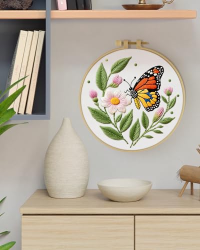 ERKOON Embroidery Kit for Beginners Adult, Flower Cross Stitch Set Include Embroidery Cloth Hoops Threads for Craft Lover Hand Stitch with Embroidery Skill Techniques (Butterfly) - color: Butterfly