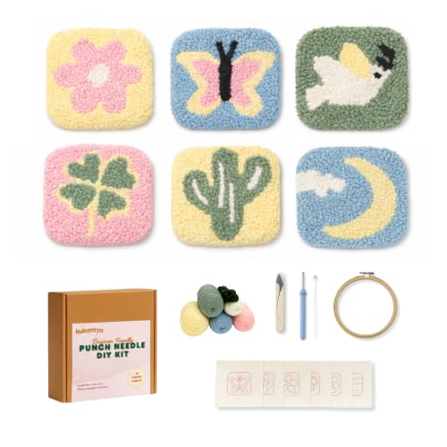 Kukovaya Punch Needle Kit for Beginners & Adults; Complete DIY Embroidery 6-Coaster Kit with Printed Fabric, Yarn, Needle, Hoop & Guide Easy Craft Kit for Home Decor, Gifts & Stress Relief