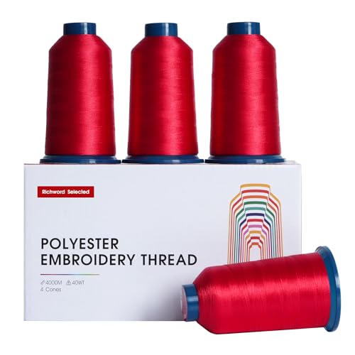 Poolin Black and White Embroidery Thread Set – Richword Selected 4 Rolls, 40WT Polyester 4000M for Home & Commercial Embroidery Machines-4 Red - color: 4Red