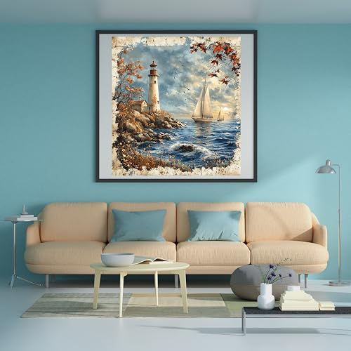 Moohue 14ct Counted Cross Stitch Kits for Adults Seaside Tower Boat Printed Stamped Cross Stitch Patterns Kits Cross Stitch Supplies (Seaside Tower Boat) - color: Seaside Tower Boat