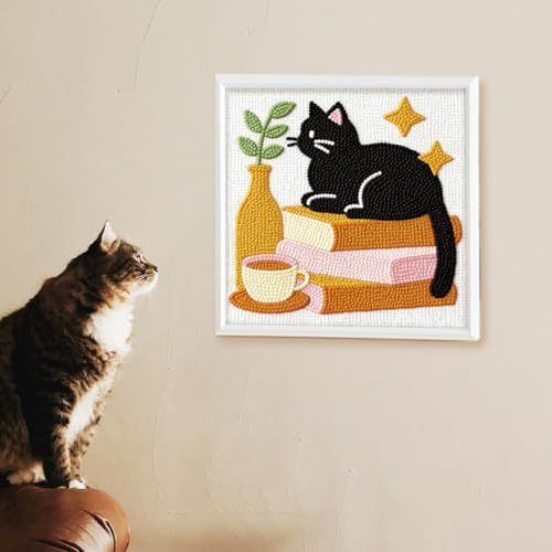 Doodlream Cat on Books Needle Kit for Beginner, 9.4"x 9.4" Coffee and Plant Punch Stitching Craft Set, Color DIY Embroidery Starter with Printed Frame, Instruction, Threader, Yarn, Pinch Needle - color: Cat