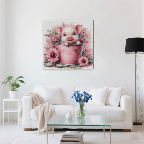 Cute Pig Stamped Cross Stitch Kits for Adults Beginner, Flowers Dimensions Needlepoint Art Crafts Embroidery Kits for Adults Beginners 13.7x13.7 inches - color: D061