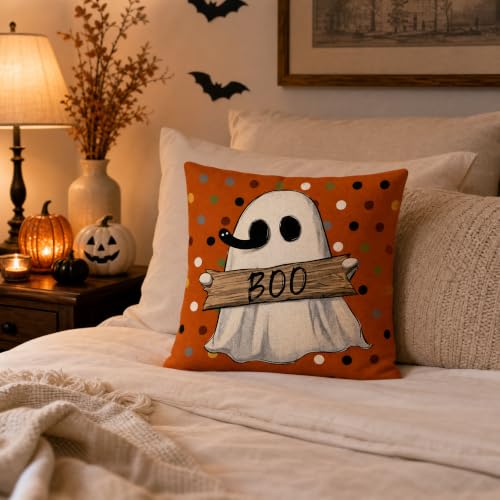 Ghost Holding Boo Sign Linen Throw Pillow Cover 18x18 for Couch - color: Pa10065, size: 18" x 18" (Pack of 1)