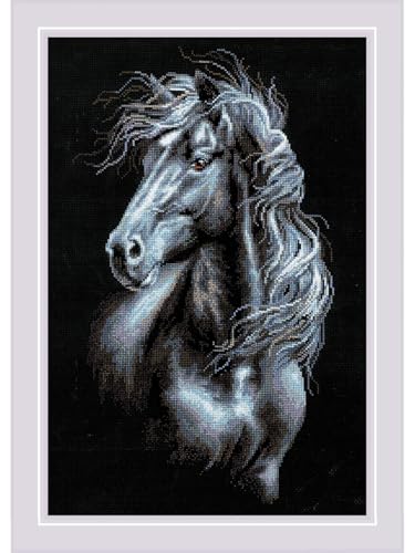 RIOLIS - Breeze Through Mane 1494, Counted Cross Stitch Kit 11,81" x17,72, Black Horse Embroidery Kit, Cross Stitch Patterns for Adults with Horse, Cross Stitch Kits for Adults Advanced & Beginners - style: Breeze Through Mane 1494