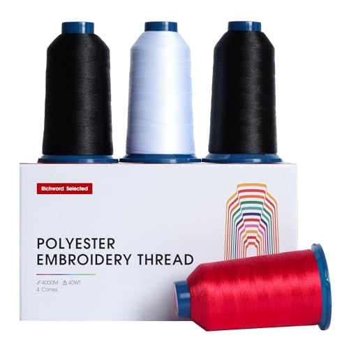 Poolin Embroidery Thread, 2Black+1White+1Red, Huge Spool Richword Selected 4 Rolls 4000M(4374Y) 40WT Polyester Thread for All Embroidery Machines - color: 2Black+1White+1Red
