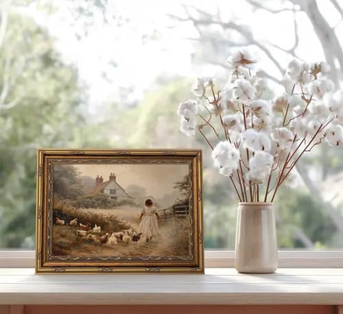 Vintage Gold Framed Farmhouse Wall Art Retro Country Farm Girl with Chicken Canvas Wall Decor Rustic Pastoral Scenery Painting Picture Artwork for Living Room Bedroom Home Decor - color: Chicken Coop, size: 11"L x 9"W