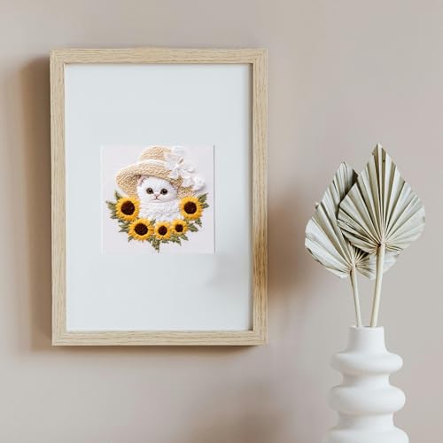FONNUY White Kitten Embroidery Kit, Sunflowers Cat Lace Hat Cross Stitch Kits for Beginners, Handmade Crafts with Printed Patterns for Adults, Color Thread Needlework, 8'' Hoop (Cat 03) - color: Cat 03