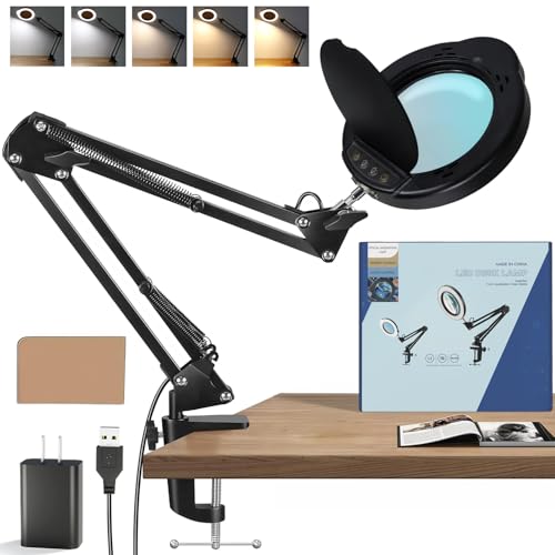 15X Magnifying Glass with Light, Real Glass Lens, 84 LEDs, 5 Color Modes, 10 Brightness Dimmable, Adjustable Swing Arm with Clamp, Hands-Free Magnifier for Reading, Crafts, Repair, Sewing, Close Work