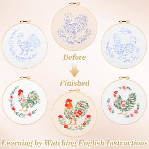 Mindsoft 3 Set Needlepoint Kit for Beginners with Hoop,Flower Rooster - style: Flower Rooster