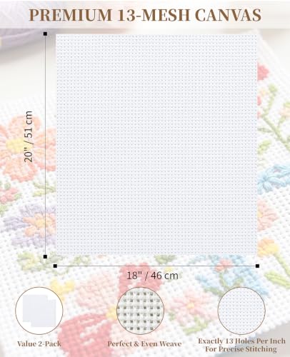 2 Pack 13-Mesh Needlepoint Canvas, 20" x 18" White Embroidery Blank Fabric for Cross Stitch & DIY Crafts