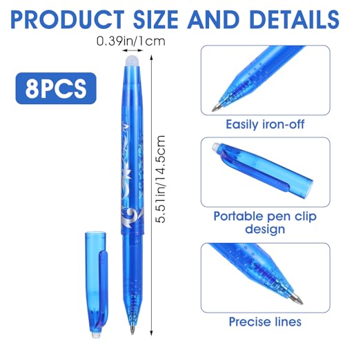 8pcs Heat Erasable Pens for Fabric, Fabric Marking Pens Fabrics Markers No Ghost Lines, Disappearing Ink for Precise Marking for Quilting Sewing Embroidery DIY Dressmaking Fabrics Tailors Chalk