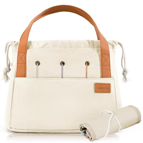 Stylish Crochet Bag Organizer for Yarn - Durable Canvas with 8 Pockets - color: Beige