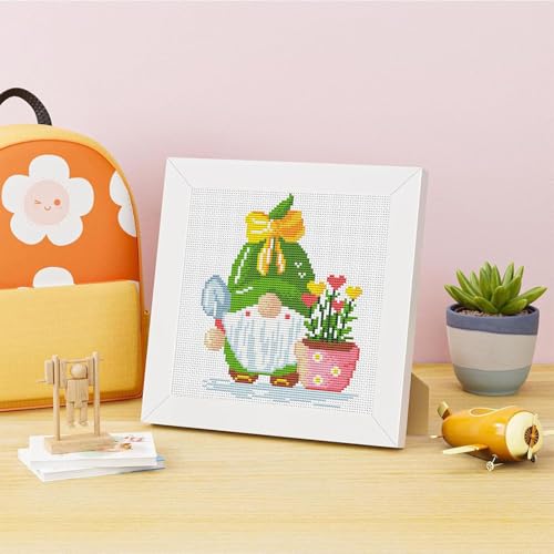 Gnomes Stamped Cross Stitch Kits for Adult Beginner with Wooden Frame - color: Gnome Plants