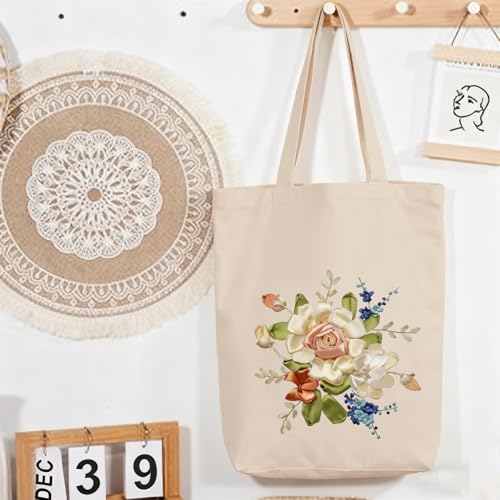 CREAWONDER Canvas Tote Bag Embroidery Kit with Pattern for Beginners, Arts and DIY Embroidery Crafts Kits for Adults, Include Instructions, Embroidery Hoops, Color Threads and Tool - color: CR002 xiaoqingxin06 white
