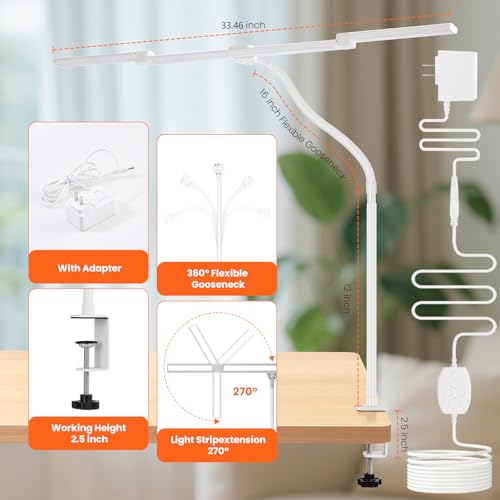 LED Desk Lamp for Office Home, 3 Light Bar Adjustable Desk Light with Clamp - color: White