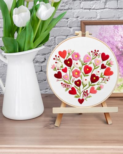 ERKOON Embroidery Kit for Beginners Adult, Flower Cross Stitch Set Include Embroidery Cloth Hoops Threads for Craft Lover Hand Stitch with Embroidery Skill Techniques (Heart) - color: Heart