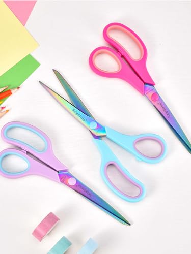 8.5" Multipurpose Office Scissors Heavy Duty, Titanium Coating Sharp Blades, Ergonomic Semi-Soft Rubber Grip, Scissors All Purpose for Sewing, School, Fabric, Art Craft Supplies, 3-Pack - size: 8.5"(Blue/Pink/Purple/3-Pack)