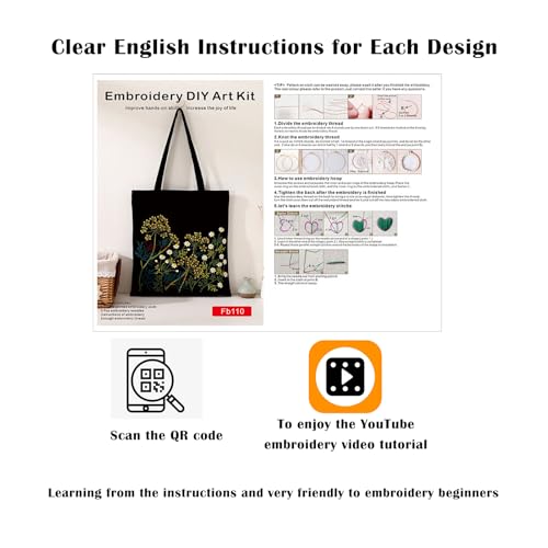 Vigdit Canvas Tote Bag Embroidery Kit for Beginners, Needlepoint Cross Stitch Kit for Adult Beginner, DIY Reusable Grocery Bags Embroidery Starter Kit with Stamped Floral Tools & Instructions - color: Flower5