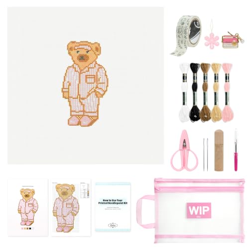 Kaitiaki 18 mesh Needlepoint Canvas Kit, 8 in Painted Canvas Set with Embroidery Floss, Needles, Guide Card, Instruction, Threader, Scissors & Project Bag for Crafter Gift(Pajama Bear) - color: Pajama Bear, size: 18 mesh