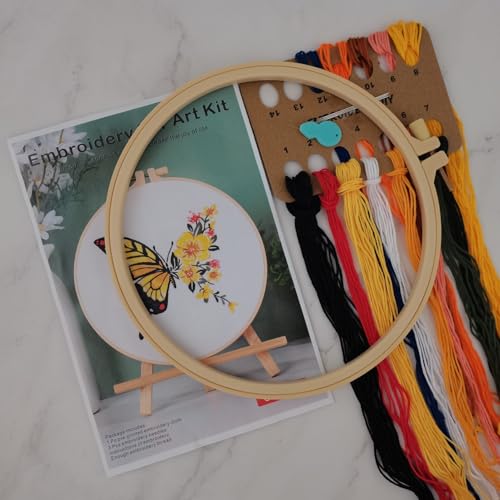 Esffaci Embroidery Starter Kit for Adult Beginner with Butterfly Flower Pattern Hand Embroidery Set with Cloth Hoop Needle Threader Floss and Instruction - color: Yellow