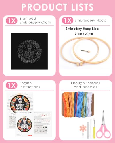 TINDTOP Embroidery Kit for Adult Beginners, Embroidery DIY Starter Kit, with Stamped Patterns, Hoop, Tools, Colorful Threads with Needles, Instructions (Skeleton A) - color: Skeleton A