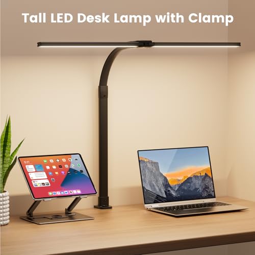 LED Desk Lamp for Home Office, 24W Computer Desk Light with Remote Control, Bright Table Lamp with Clamp Dimmable Tall Desktop Lighting with Bendable Gooseneck, Double Head, Black - color: Black with Clamp