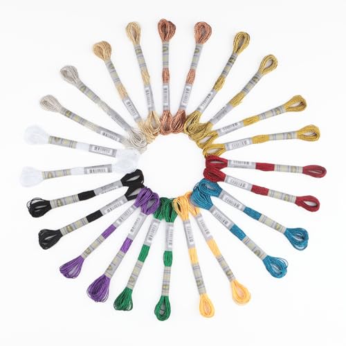 Metallic Embroidery Floss 24 Skeins Set (12 Colors*2 Skeins) Glittery Metal Effect Shinny Cross Stitch Thread for Hand Embroidery, Sewing and DIY Handmade Artwork (12 Colors*2 Skeins-Set 1) - color: 12 Colors*2 Skeins-Set 1