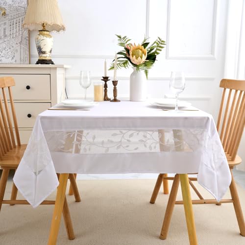 Polyester Fabric Tablecloth with Exquisite Embroidery Sheer Border-Waterproof/Wrinkle Resistant-for Dining,Indoor&Outdoor,Wedding,Holiday,White,Square 70x70Inch - color: White, size: 70" x 70" (Square)