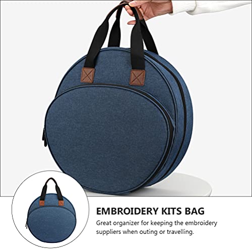 EXCEART Embroidery Project Handbag Embroidery Tool Tote Bag with Large Circular Opening Front Elastic Slots Inner Zipper Pocket 13.77 X 13.77 X 2.36 in for Kits Storage and Travel - color: Blue