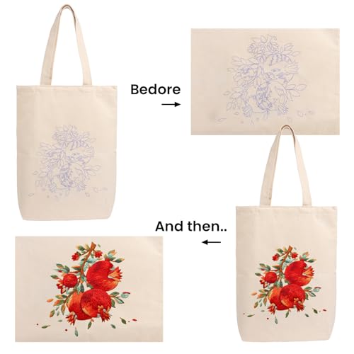 CREAWONDER Canvas Tote Bag Embroidery Kit with Pattern for Beginners, Arts and DIY Embroidery Crafts Kits for Adults, Include Instructions, Embroidery Hoops, Color Threads and Tool - color: CR002 shiliuranran white