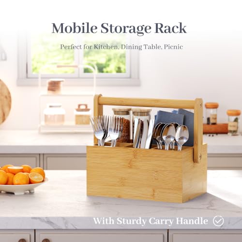 Silverware Caddy with Removable Dividers, Portable Utensil Holder for Party & Picnic, Bamboo Countertop Cutlery Organizer with Handle for Kitchen, RV & Outdoor Events (Natural) - color: Natural
