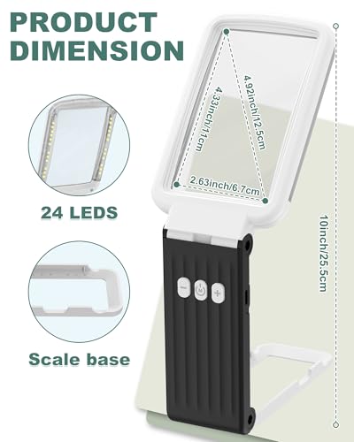 15X Magnifying Glass with Light and Stand, Rechargeable Folding Handheld Real Glass Magnifier, 3 Color Modes Dimmable Lighted Page Magnifying Sheet for Seniors Low Vision Small Prints - color: Black-white