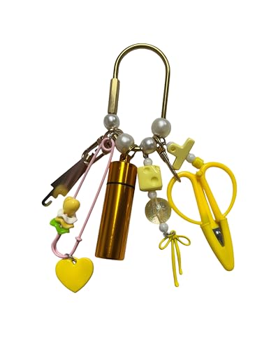 MEYAGO Needlepoint Bag Charm Tool Kit with Mini Embroidery Scissors, Needle Threader, Needle Holder Tube & Gold Keyring, Portable Embroidery Accessories for Cross Stitch Sewing DIY Crafts (Yellow) - color: Yellow