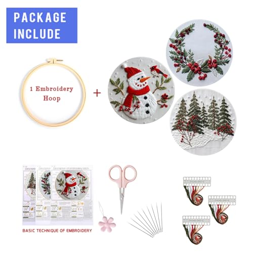 LB Red Christmas Embroidery Kit for Beginners Adults, 3 Sets Hand Embroidery Starter Kit with Cute Snowman and Instructions Stamped Cross Stitch Kits Include Embroidery Hoop Needles Threads Scissors - color: Red White