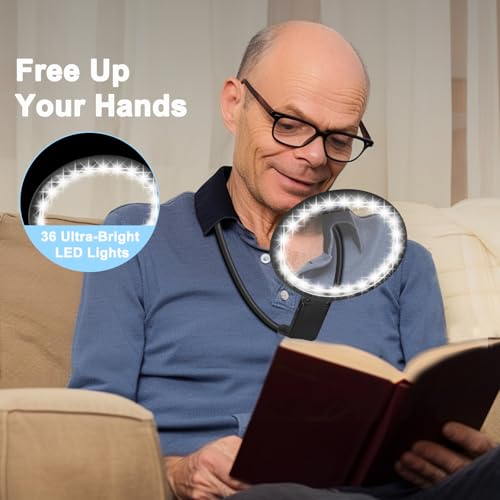 Neck Magnifier Hands Free with Light, 10X 5.2 Large Magnifying Glass - color: Black