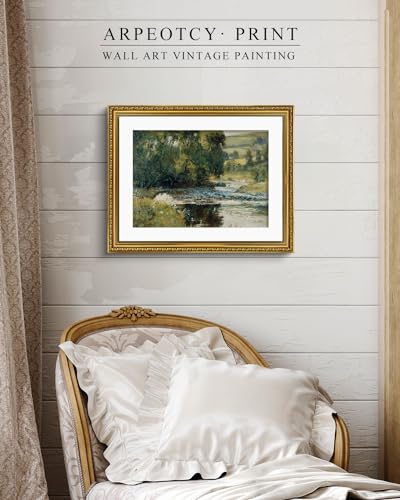 ARPEOTCY Vintage Gold Framed Large Wall Art, Nature Streamside Retro Paintings, Canvas Prints Artwork with Antique Frame, Victorian Wall Pictures Decor for Living Room Gallery Room 16x20 inch - color: Streamside, size: 20"L x 16"W