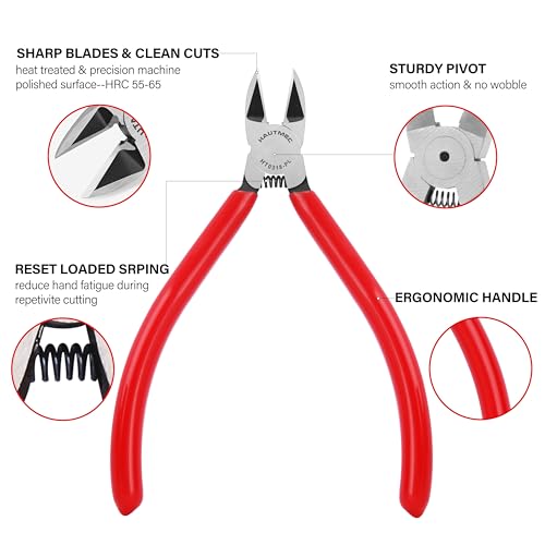 HAUTMEC 6" Flush Cutters Ultra Sharp Flush Cut Pliers 5PCS Small Wire Cutters for Crafting, Spring Loaded and Non-slip Grip Wire Snips for Plastic, Jewelry Marking, Artificial Flowers, HT0318-5PC - color: 6 Inch-5pcs