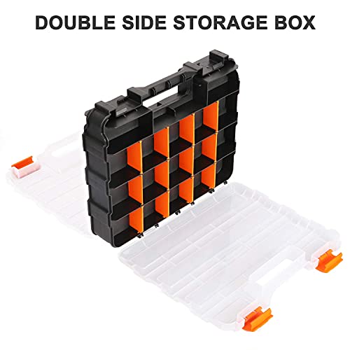 Mayouko Double Side Tools Organizer, Customizable Removable Plastic Dividers, Hardware Box Storage, Excellent for Screws,Nuts,Small Parts, 34-Compartment, Black/Orange,12.6"L x 10.6"W x 3.2"H - color: Orange, size: 34 Compartments