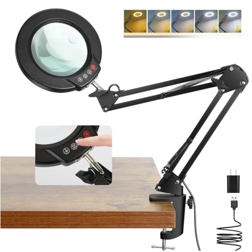 Coyeth 30X 10X Magnifying Glass with Light and Clamp, Real Glass Lighted Magnifier, 5 Color Modes Stepless Dimmable LED Desk Lamp Hands Free for Crafts Hobby Reading Painting Sewing Close Work Black - color: Black, size: 30X 10X 20inch Clamp