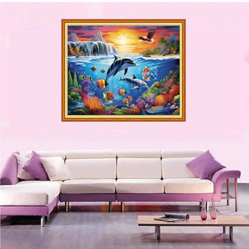 Artvxeay Stamped Cross Stitch Kits Beginners Full Range of Embroidery Starter Kits for Adults Printed Cross Stitching DIY Needlepoint Kit 11CT- The Underwater World 16x20 inch - color: Color51