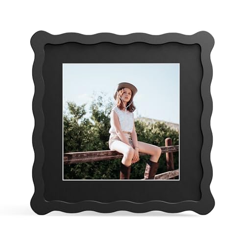 8x8 Picture Frame with Mat for 6x6, Wavy Edge Wooden Real Glass Photo Frame for Tabletop and Wall Hanging, Black, 1 Pack - color: Black, size: 8x8 in