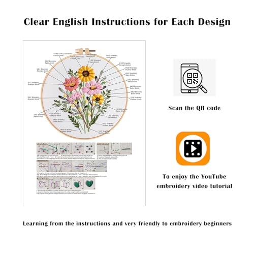 Vigdit Canvas Tote Bag Embroidery Kit for Beginners, Needlepoint Cross Stitch Kit for Adult Beginner, DIY Reusable Grocery Bags Embroidery Starter Kit with Stamped Floral Tools & Instructions - color: Flower2