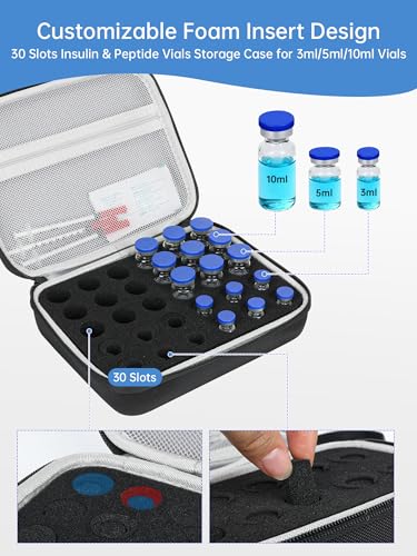 KNOCKO Peptide Case for Fridge - 30 Slots, Insulin & Peptide Vials Storage Case for 3ml/5ml/10ml, Portable Peptide Travel Case TSA Approved, Insulin Vials Holder & Compact Organizer (Black) - size: 3ml/5ml/10ml - 30slot