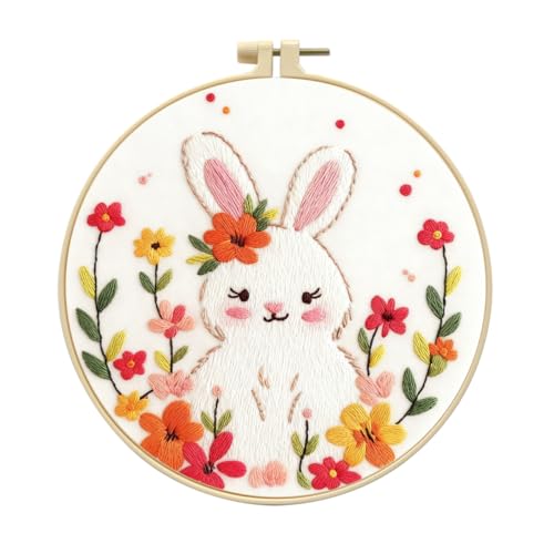 Zhenqing Fairy Tale Rabbit Embroidery Kit for Beginners, 29x29cm Pre-Printed Cotton Fabric with 20cm Hoop, Cute Bunny with Flowers Design for Home Decor(C0049)