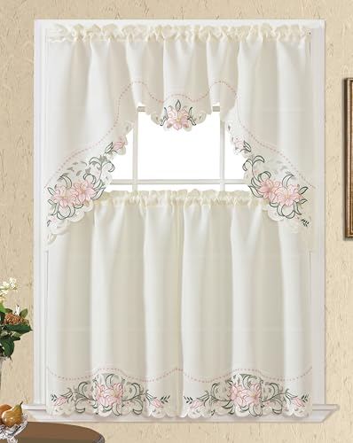 GOHD Lily Fragrance 3pcs Colorful Embroidery Kitchen Cafe Curtain Set.Rose - color: Rose