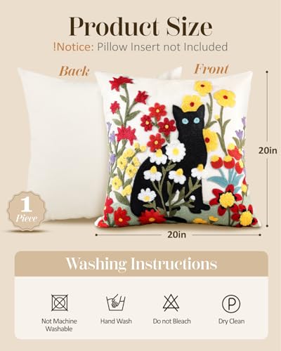 Embroidered Throw Pillow Cover, 20x20 Inch, Black Cat Floral - color: Flower Cats, size: 20" x 20" (Pack of 1)